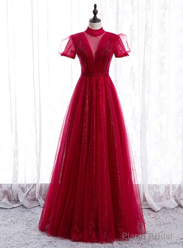 Tulle Sequins High Neck Short Sleeve Beading Pleats Prom Dress Main image