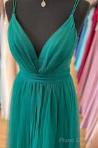 Tulle Skirt Dark Blue Prom Dresses With V-Neckline