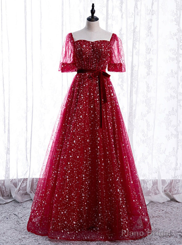 Tulle Star Sequins Short Sleeve Square Prom Dress Main image