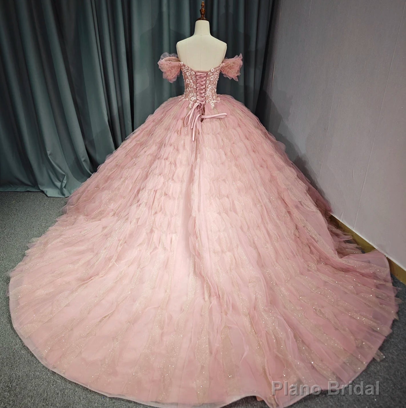 Tulle Tufted Pink Floral Quinceaera Ball Gown Dress