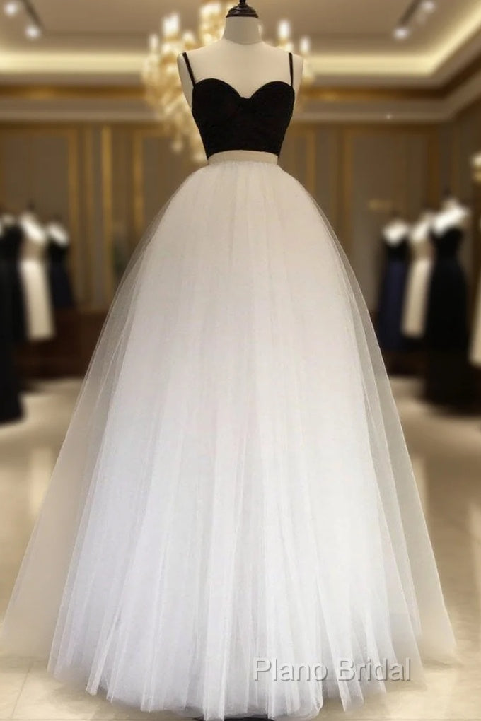Tulle Two Pieces Simple White/Black Long Wedding Dresses Main image