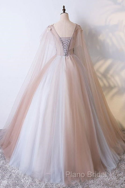 Tulle V Neck Appliques Champagne Long Sleeves Flower Formal Prom Dresses Secondary image