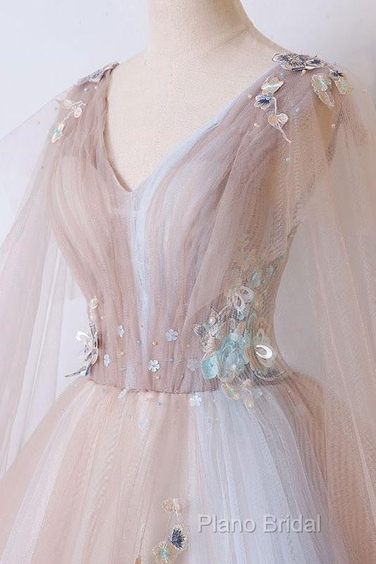 Tulle V Neck Appliques Champagne Long Sleeves Flower Formal Prom Dresses
