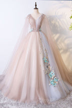 Tulle V Neck Appliques Champagne Long Sleeves Flower Formal Prom Dresses