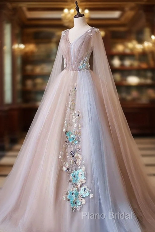 Tulle V Neck Appliques Champagne Long Sleeves Flower Formal Prom Dresses Main image
