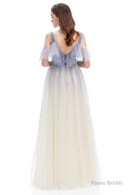 Tulle V-neck Beading Long Prom Dresses