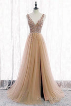 Tulle V Neck Sequins Beaded Dresses With Slit