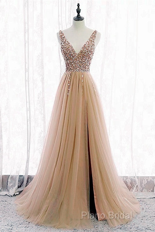 Tulle V Neck Sequins Beaded Dresses With Slit