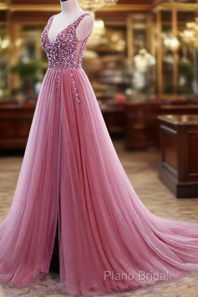Tulle V Neck Sequins Beaded Dresses With Slit Main image
