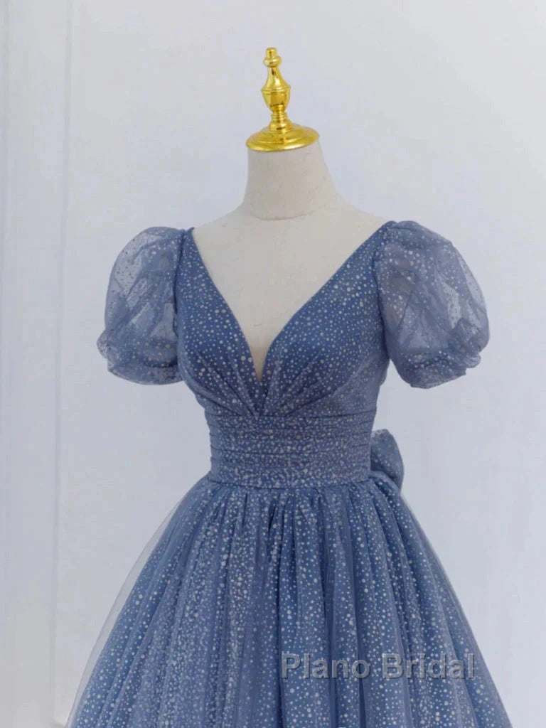 Tulle V Neck Short Sleeve Blue Sparkle Formal Prom Dresses With Bow