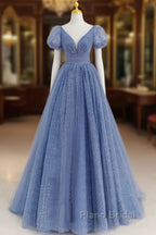 Tulle V Neck Short Sleeve Blue Sparkle Formal Prom Dresses With Bow