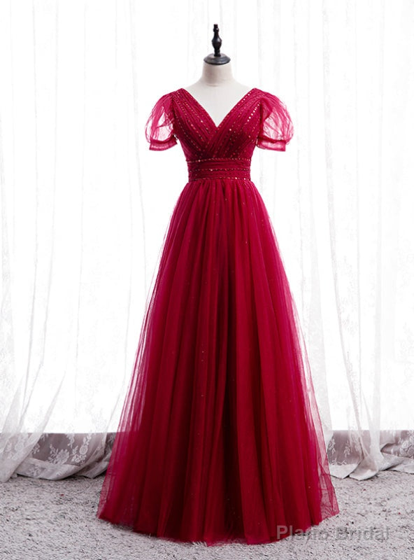 Tulle V-neck Short Sleeve Pleats Beading Sequins Prom Dress Main image