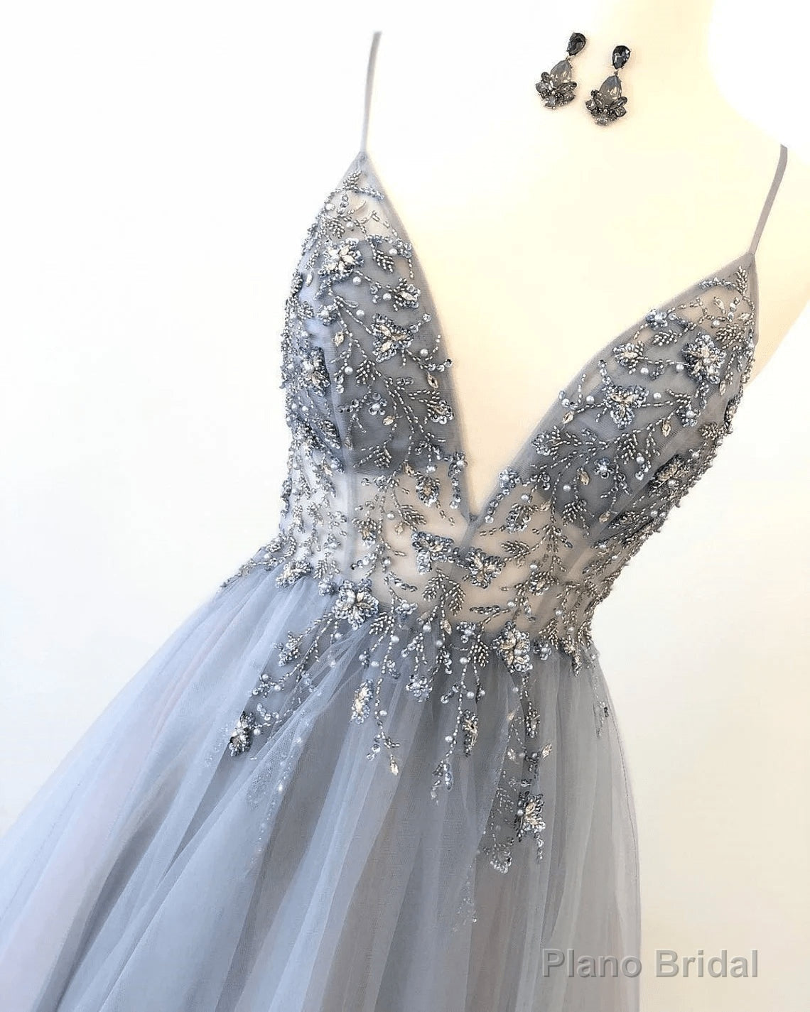 Tulle V-neckline Straps Beaded Low Back Long Formal Dress Tulle Prom Dress prom dresses shops Secondary image