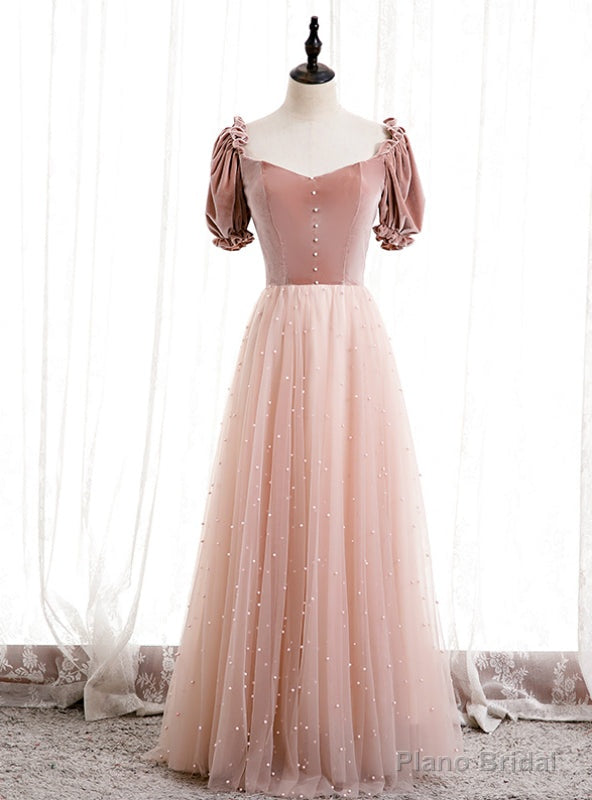 Tulle Velvet Short Sleeve Square Pearls Prom Dress Main image