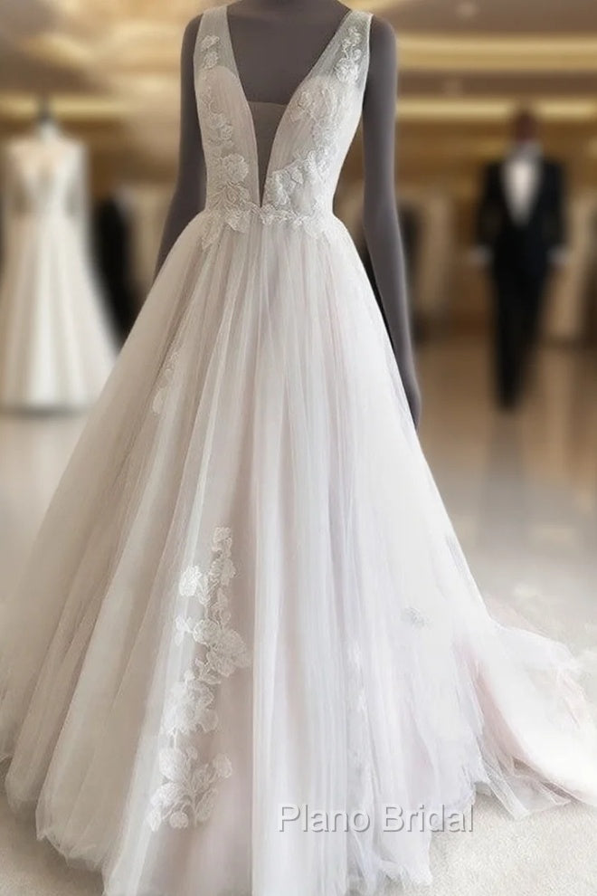 Tulle Wedding Dresses Plunge Neck Appliques Main image