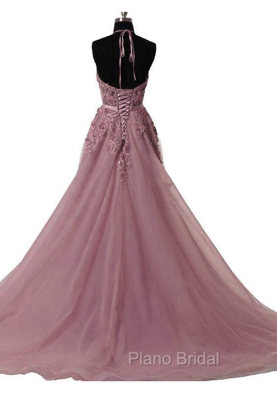 Tulle Wisteria Formal Prom Dresses A-Line/Princess Scoop Neck Court Train With Appliqued