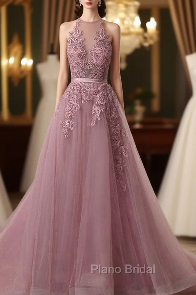 Tulle Wisteria Formal Prom Dresses A-Line/Princess Scoop Neck Court Train With Appliqued Main image