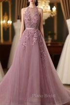 Tulle Wisteria Formal Prom Dresses A-Line/Princess Scoop Neck Court Train With Appliqued