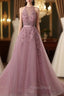 Tulle Wisteria Formal Prom Dresses A-Line/Princess Scoop Neck Court Train With Appliqued