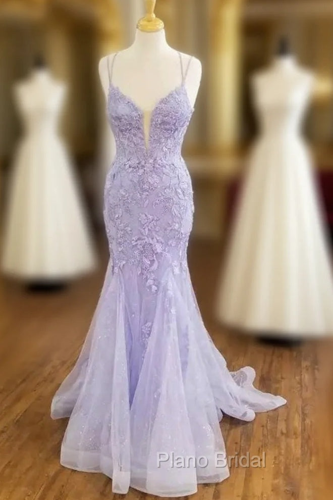 Tulle With Appliques Lilac Long Sweetheart Formal Prom Dresses With Straps
