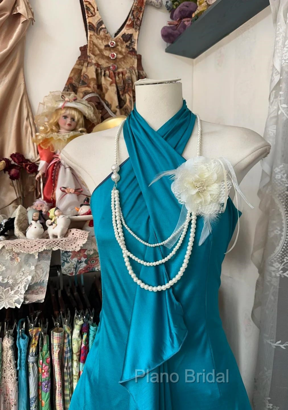 Turquoise A-Line Halter Satin Formal Prom Dresses Sexy Sleeveless Party Dresses