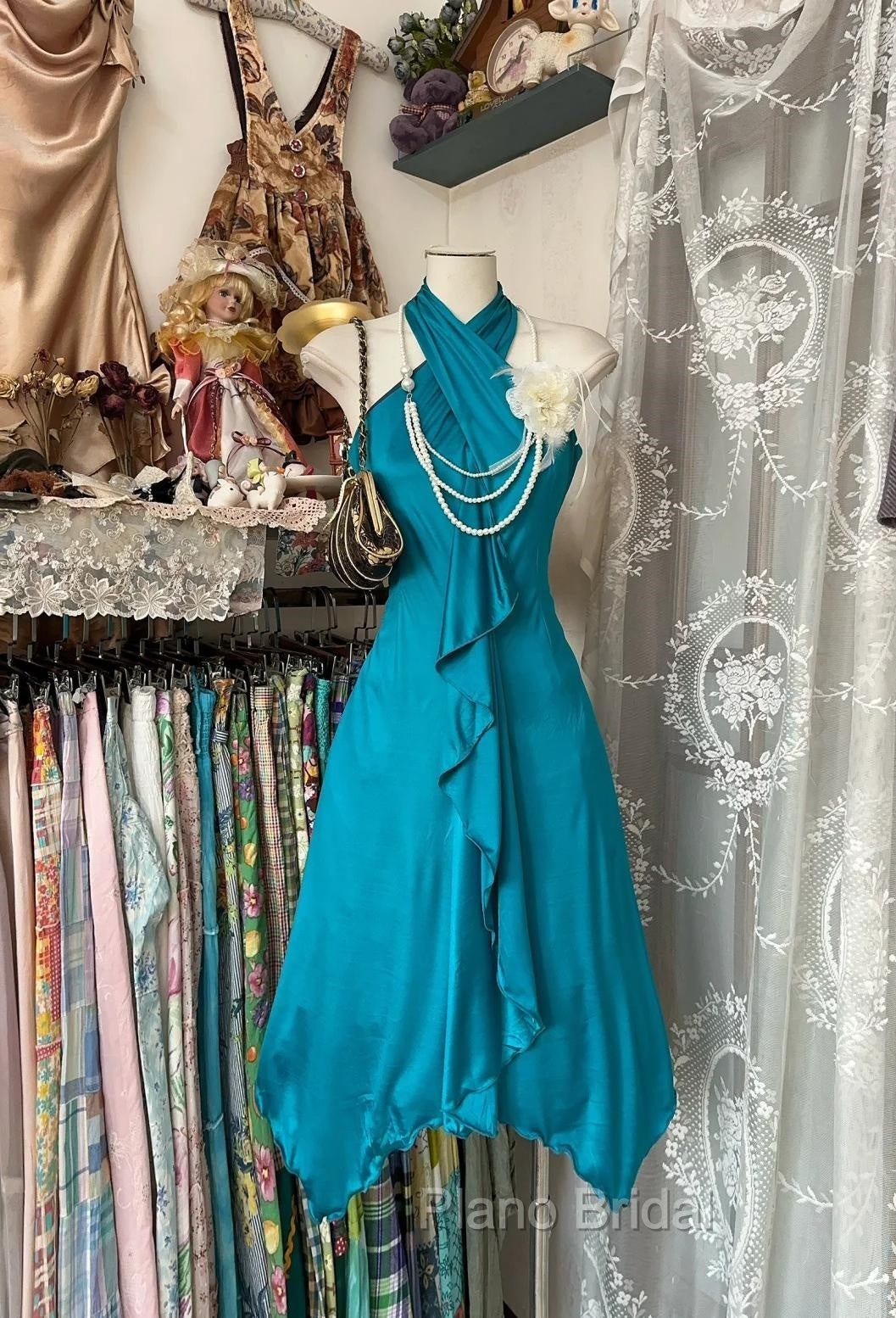 Turquoise A-Line Halter Satin Formal Prom Dresses Sexy Sleeveless Party Dresses