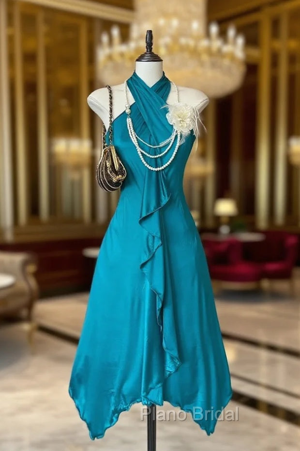 Turquoise A-Line Halter Satin Formal Prom Dresses Sexy Sleeveless Party Dresses Main image