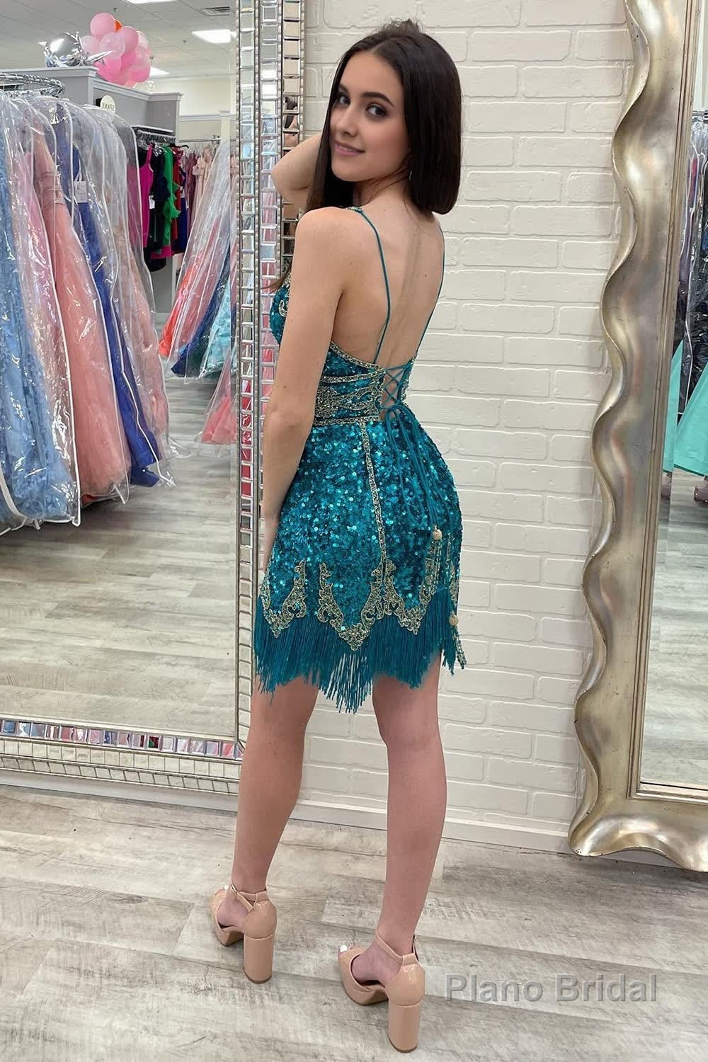 Turquoise Sequined Homecoming Dress With Fringes Secondary image