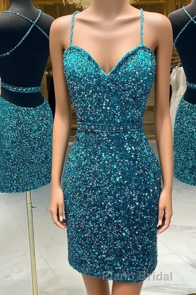 Turquoise Spaghetti Straps Sequins Homecoming Dresses Main image