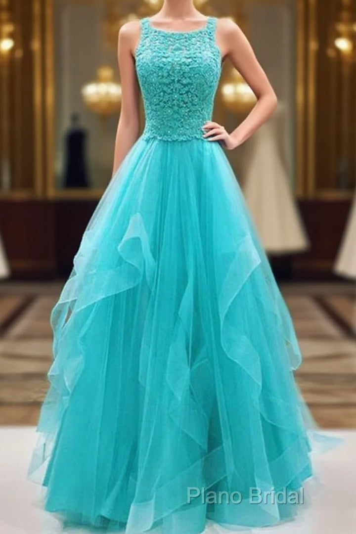 Turquoise Tulle Long Lace Formal Prom Dresses, Ruffles Formal Dresses Main image