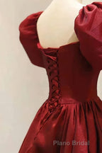 Burgundy A Line Long Formal Prom Dresses with Short Sleeves, New Party Gown