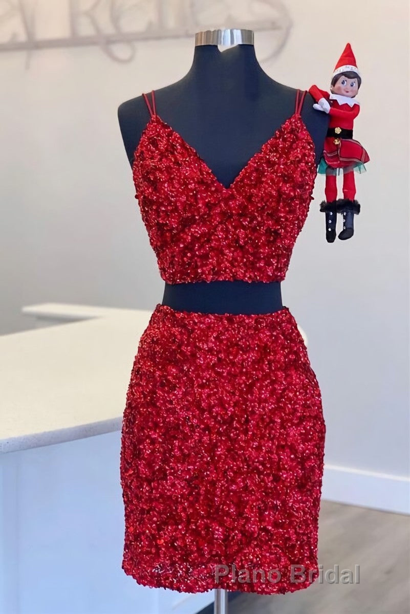 Two Piece Blue Sequins Tight Homecoming Dresses,Sparkly Cocktail Party Dresses