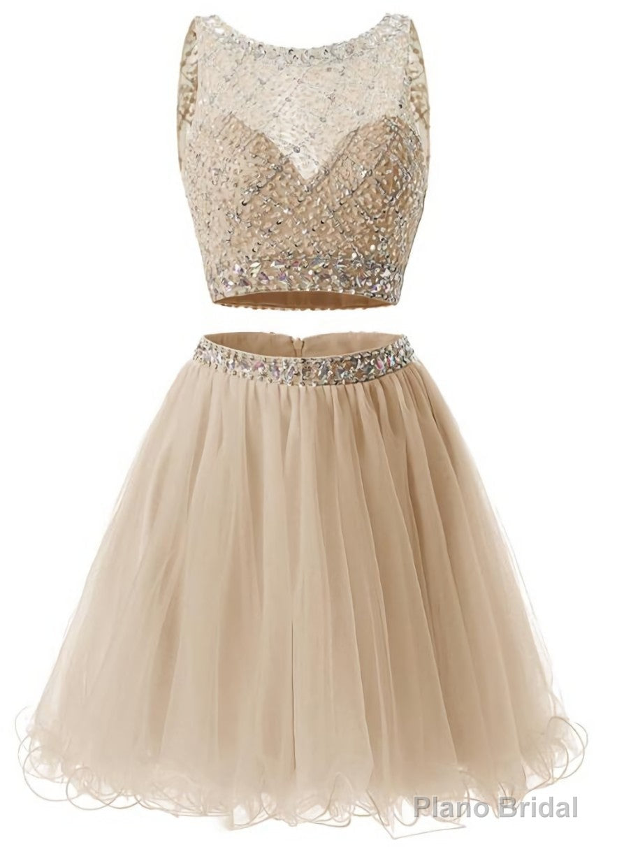 Two Piece Champagne Beaded Tulle Homecoming Dress, Short Prom Dress Party Dress Main image