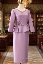 Two Piece Cocktail Dresses Elegant Dresses Wedding Party Tea Length Long Sleeve V Neck Satin Mother Of The Bride Dresses