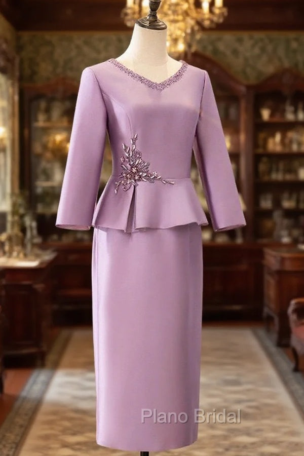 Two Piece Cocktail Dresses Elegant Dresses Wedding Party Tea Length Long Sleeve V Neck Satin Mother Of The Bride Dresses