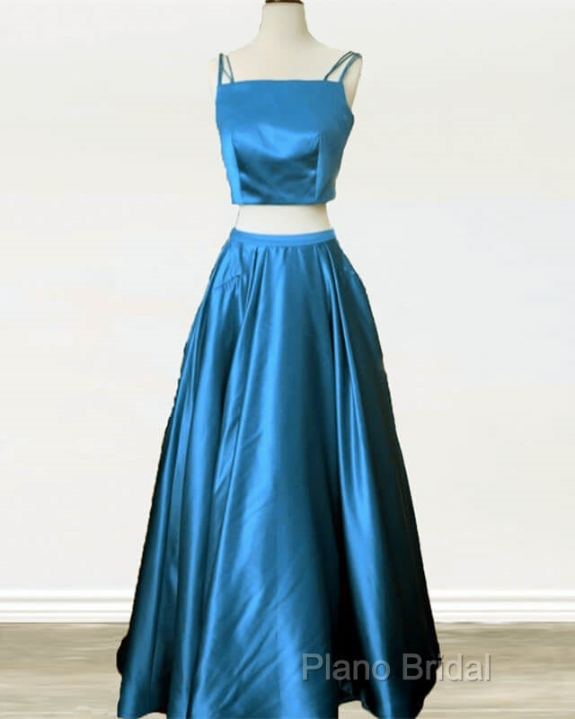 Two Piece Green Satin Formal Prom Dresses With Straps