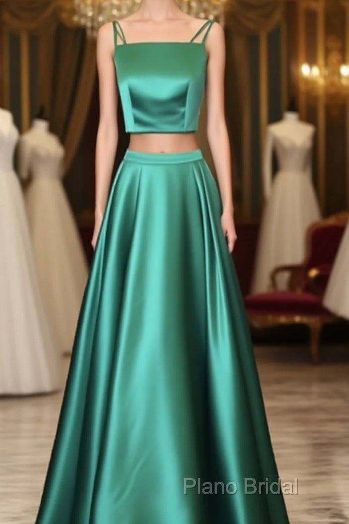 Two Piece Green Satin Formal Prom Dresses With Straps Main image