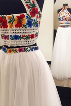 Two Piece High Neck Long Prom Dresses with Appliques Sleeveless