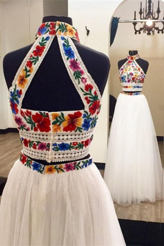 Two Piece High Neck Long Prom Dresses with Appliques Sleeveless