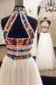 Two Piece High Neck Long Prom Dresses with Appliques Sleeveless