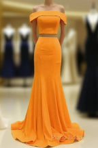 Two Piece Orange Formal Prom Dresses Mermaid Off Shoulder
