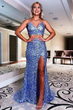 Two Piece Orange Sequins Mermaid Prom Dress with Slit