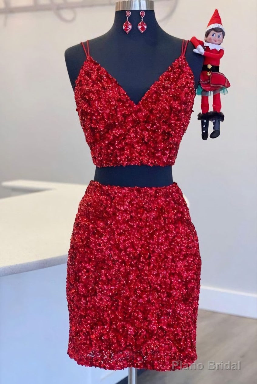 Two Piece Red Sequined Homecoming Dress, V-neck Tight Party Dress,Short Prom Dresses Main image