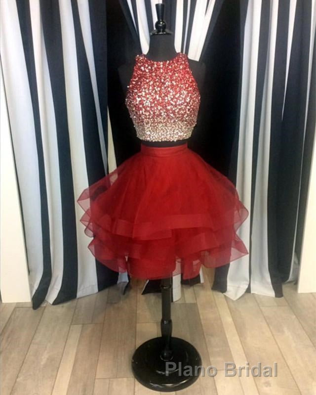 Two Piece Ruffles Ball Gown Homecoming Dresses,Navy Blue Semi Prom Dresses