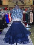 Two Piece Ruffles Ball Gown Homecoming Dresses,Navy Blue Semi Prom Dresses
