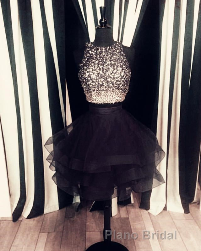 Two Piece Ruffles Ball Gown Homecoming Dresses,Navy Blue Semi Prom Dresses