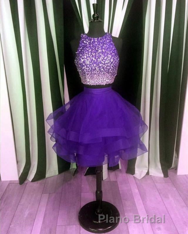 Two Piece Ruffles Ball Gown Homecoming Dresses,Navy Blue Semi Prom Dresses