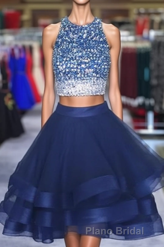 Two Piece Ruffles Ball Gown Homecoming Dresses,Navy Blue Semi Prom Dresses Main image