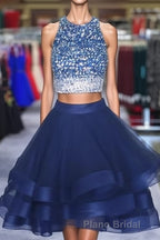 Two Piece Ruffles Ball Gown Homecoming Dresses,Navy Blue Semi Prom Dresses