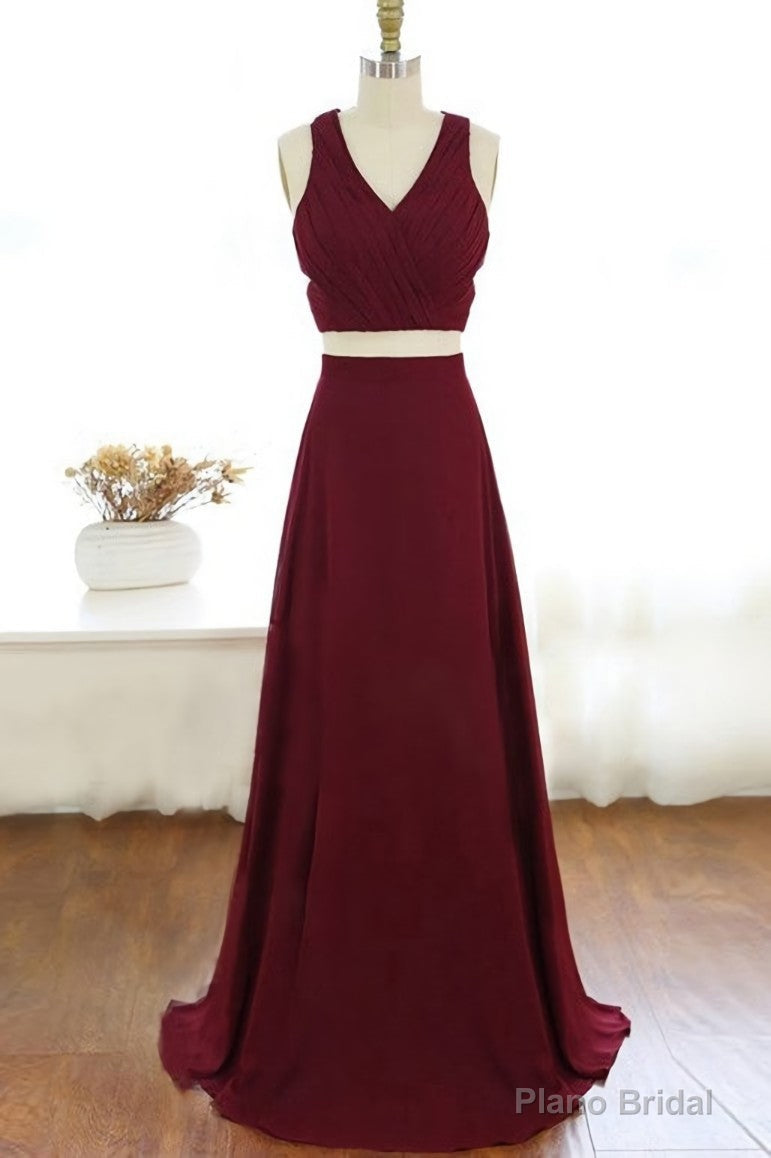 Two Piece V Neck Long Burgundy Prom Dress Evening Dresses Main image